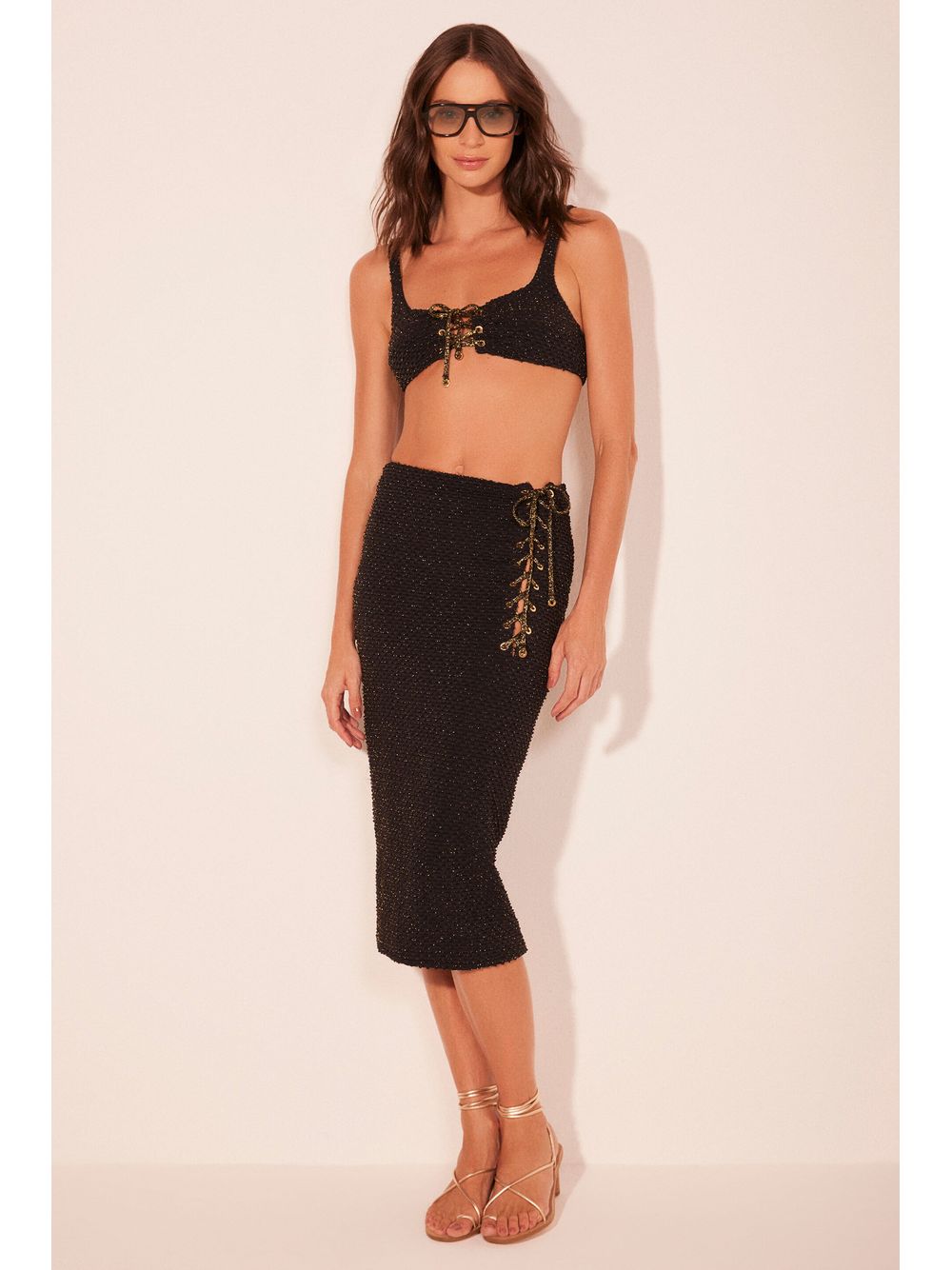 Água de Coco — Saia Midi Escamas Lurex Preto