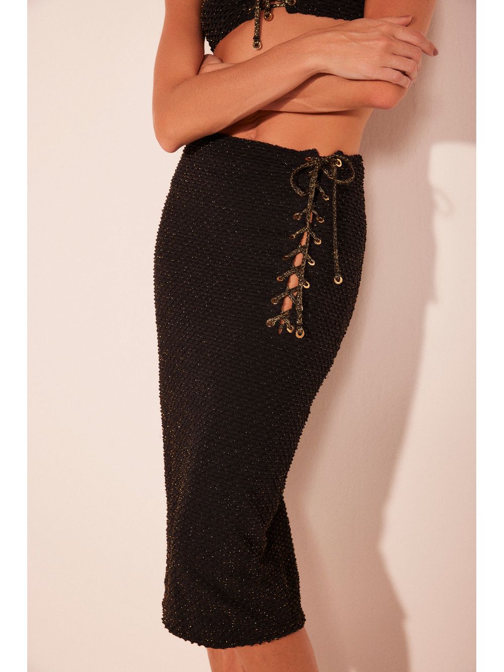 Água de Coco — Saia Midi Escamas Lurex Preto