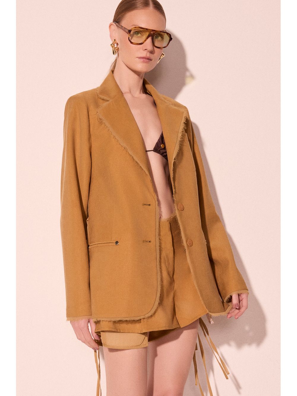 Água de Coco — Blazer Regular Com Amarrações Casca Bege