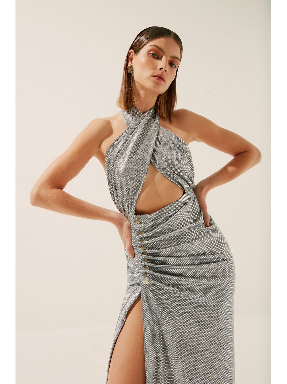 Água de Coco — Vestido Midi Frente Única Metalizado