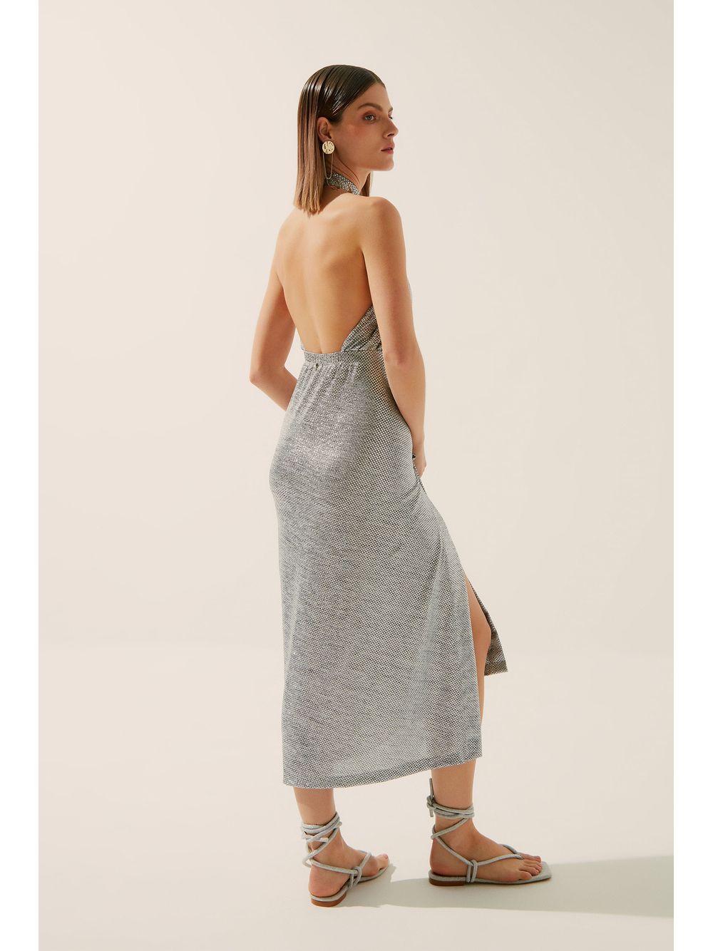 Água de Coco — Vestido Midi Frente Única Metalizado