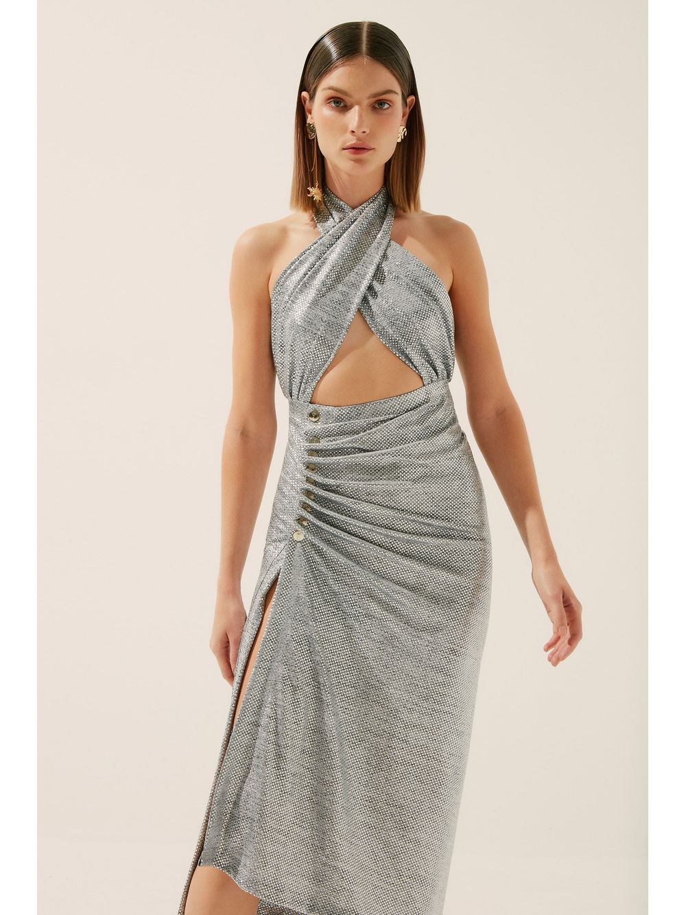 Água de Coco — Vestido Midi Frente Única Metalizado