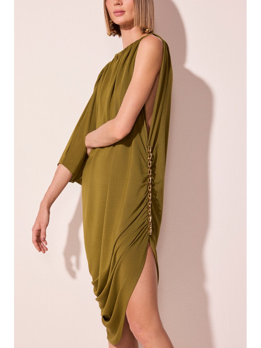 Água de Coco — Vestido Midi  Drapeado Pelicano Verde