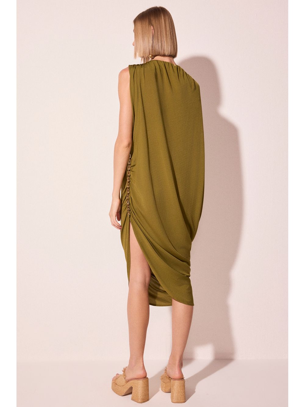 Água de Coco — Vestido Midi  Drapeado Pelicano Verde